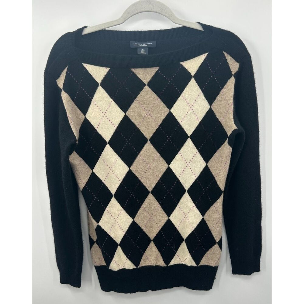 Banana Republic 100% Cashmere Argyle Sweater Women's M Boat Neck Preppy